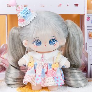 Yueyue 20cm Cotton Doll Party Dress and Hat with Heat-Resistant Wig Double Ponytails