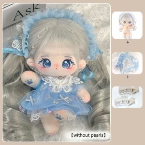 Yueyue 20cm Cotton Doll Blue Tulle Skirt and Butterfly Veil with Heat-Resistant Wig Double Ponytails